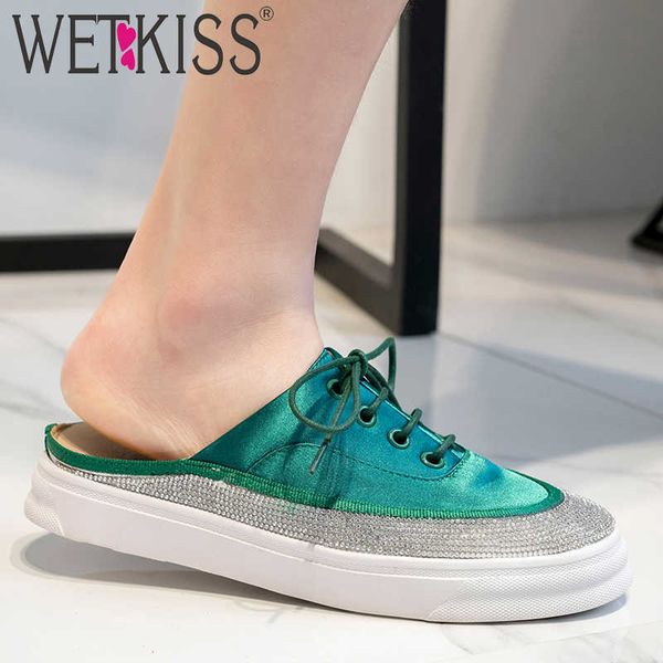 

wetkiss satin slippers women square toe lace up footwear slides platform shoes female crystal mules shoes woman summer 210630, Black