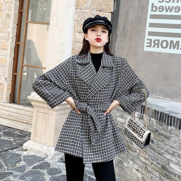 

women's wool & blends fashion houndstooth woolen coat winter waist short slim belt black female jacket