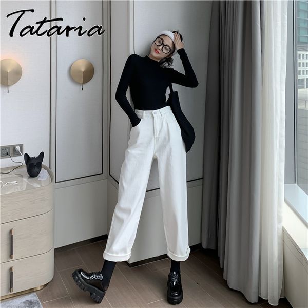

straight jeans for women high waist white calf-length denim causal spring wide leg pants trousers female 210514, Blue