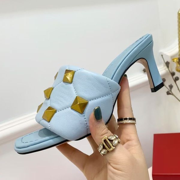 

runway rivets decor high heel slippers women peep toe sweety candy color leather sandals 2021 summer party shoes for ladies, Black