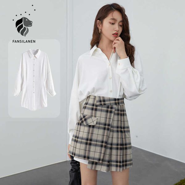 

fansilanen batwing sleeve long white blouse shirt women spring slim pleated casual button up female office elegant 210607