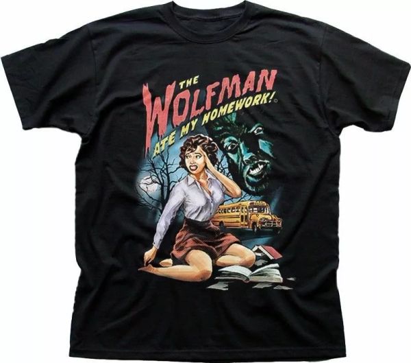 

the wolfman ate my homework werewolf funny b movie black cotton t-shirt 9328, White;black