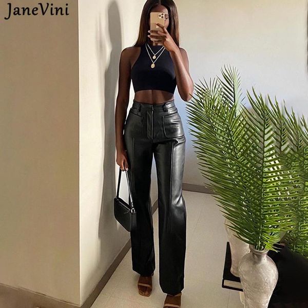 

janevini women faux leather pant pockets straight trousers autumn elegant high waist office lady slim vintage leisure pants women's & c, Black;white