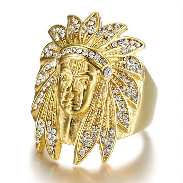 

india chief ring stainless steel tribe apache micro pave clear zircon face male rings vintage punk rock fashion jewelry, Silver