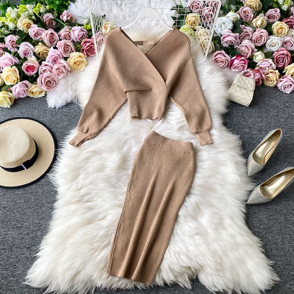 

autumn and winter women's suit v-neck sweater wool high waist hip dress women two-piece elegant bodycon fashion full 210420, Black;gray