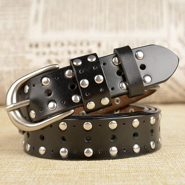 

belts women punk rivet belt genuine leather western studded jeans waistband female strap vintage cowskin, Black;brown