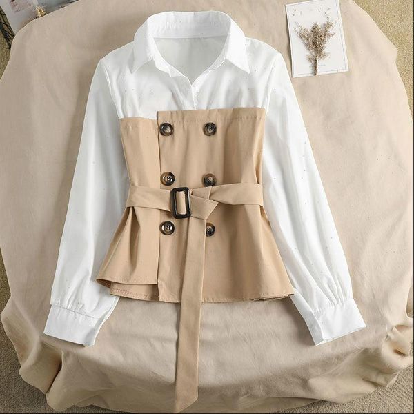 

autumn fake two pieces women shirts double breasted sashes slim korean patchwork pullover blusas top, White