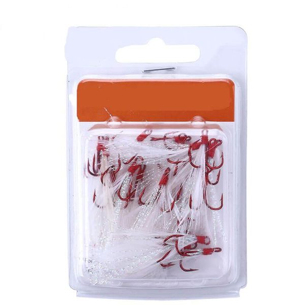 

20pcs 4-10# red fishing barbed hook treble fishhook with feather for minnow lure saltwater freshwater high carbon steel hooks