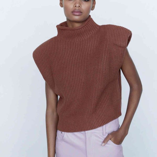 

blouses shoulder pad knit women high collar sleeveless vintage blouse woman chic pronounced shoulders autumn knitted blouses, White
