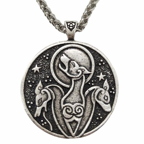 

pendant necklaces triple wolf and moon star witchcraft amulet viking male necklace wicca pagan talisman jewelry, Silver