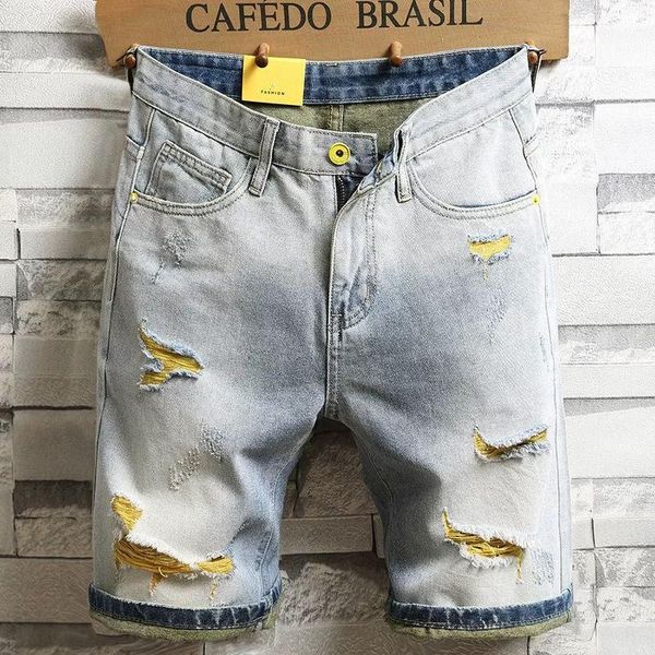 

denim shorts men's personality ripped jeans tide brand summer thin light blue five-point worn pants trouser, White;black