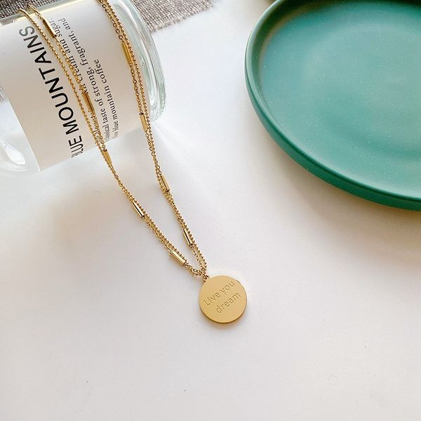 

double layer steel color preserved english alphabet round pendant clavicle chain necklace women's net red cool wind neck jewelry, Silver