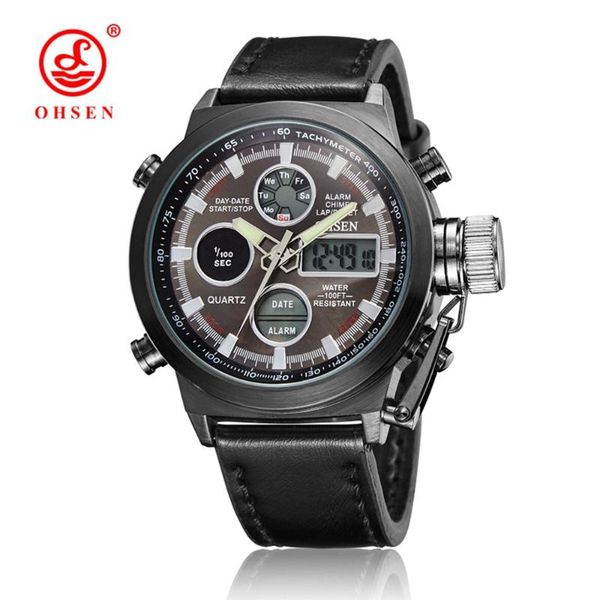 

wristwatches ohsen watches men fashion military sports quartz watch diver waterproof leather watchband army digital-watch relogio masculino, Slivery;brown