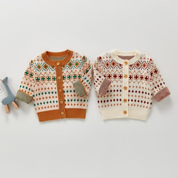 

pullover autumn baby girls knitted cardigan toddlers geometric jacquard round collar long sleeve single-breasted outwear casual, Blue