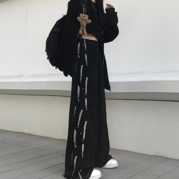 

harajuku women high waisted pants streetwear black wide leg pant pockets summer casual y2k trousers for female women's & capris, Black;white
