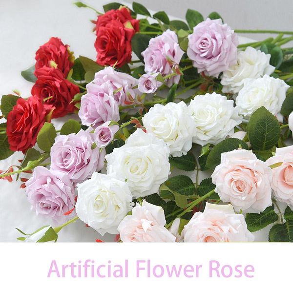 

65cm rose pink silk artificial flowers 3 heads european fake for home wedding decoration indoor decorative & wreaths