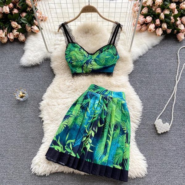 

singreiny summer retro print women tracksuits vacation set sleeveless short strap high waist pleated skirt two piece suits, Gray