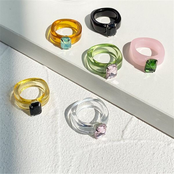 

trendy colourful transparent resin acrylic ring for women korean geometric square gemstone irregular rings bohemian jewelry, Silver