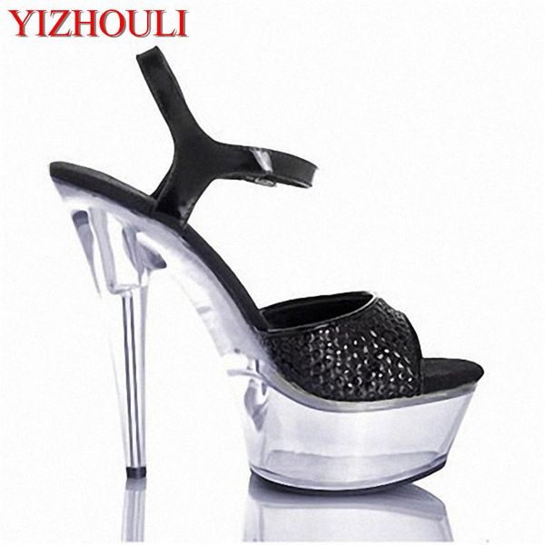 

fashion grid 15 cm thick transparent glass slipper bottom fine with super high heels for women's shoes high-heeled sandals stage dress, Black