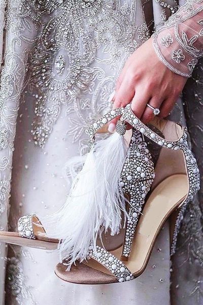 

high heels women sandals luxury crystal fringe feather bridal wedding shoes stiletto open toe party ladies sandalias, Black
