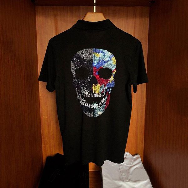 

men's polos european fabric casual loose style short sleeve diamond skull shirt fashion classic top, White;black