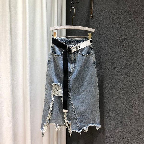 

skirts brand woman trendy retro washed irregular denim skirt female summer high waist elastic bodycon hip saia jeans, Black