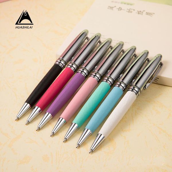 

ballpoint pens polychromatic pu leather metal rotating pen, Blue;orange