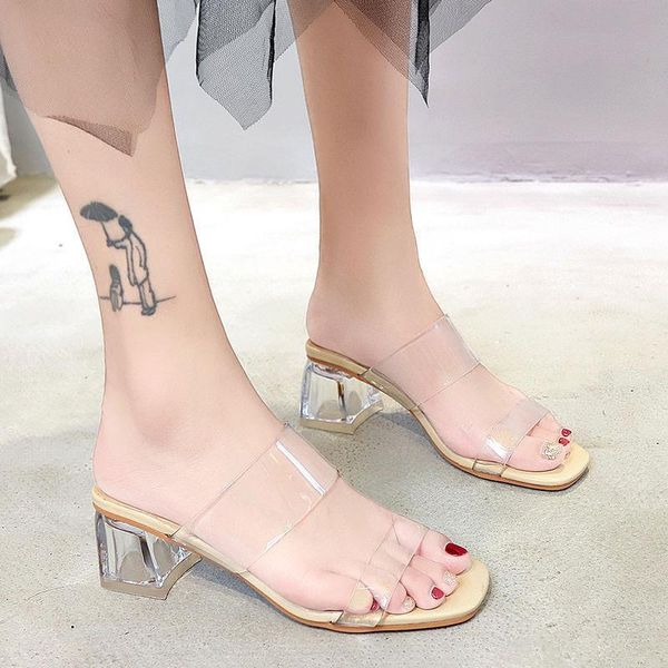

sandals 2021 transparent high heel slippers women summer shoes heels wedding jelly square, Black