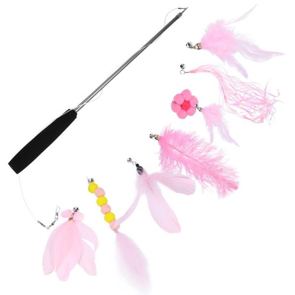 

pet cat playing fishing stick rod with 7 replacing feather heads toys