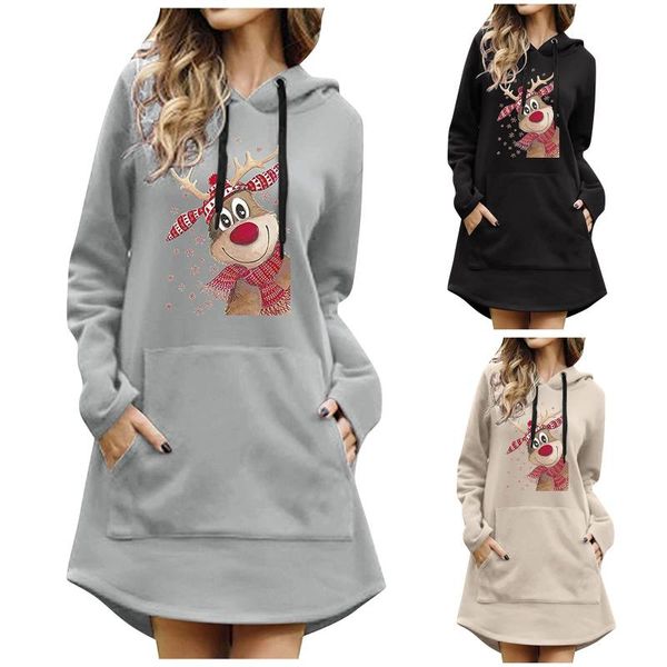 

casual dresses fashion midi dress merry christmas prints for women 2021 bag hip pocket long sleeves pockets vestidos de mujer, Black;gray