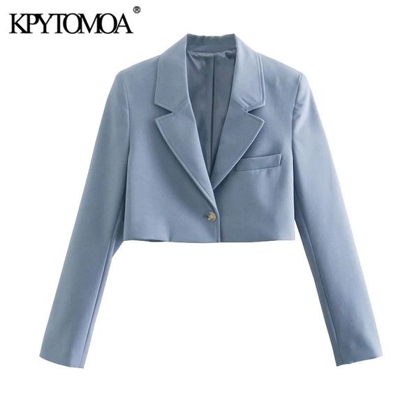 

women fashion single button cropped blazer coat vintage long sleeve female outerwear chic veste femme 210416, White;black