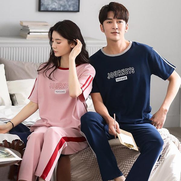 

summer women's pajamas set fashion stripe patchwork letter sleepwear cotton couple home wear plus size blue nightwear for men men', Black;brown