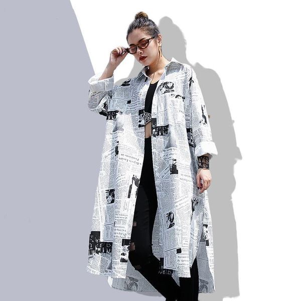 

women shirts lapel long sleeve white print printed loose irregular big size shirt fashion blouse clothes