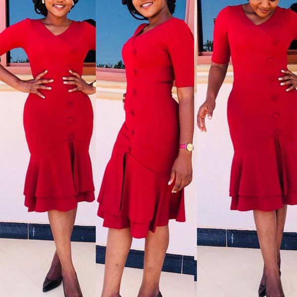 

20212021 spring summer dress women short sleeve midi dresses office ladies v-neck cotton dress plus size women wedding party robe, Red