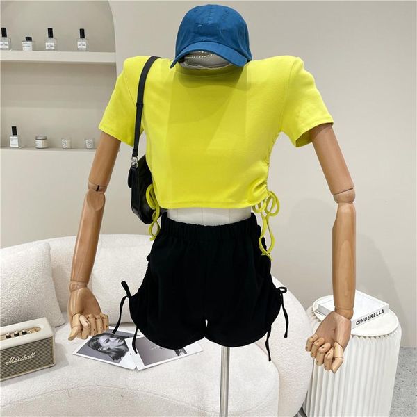 

women's tracksuits clothing summer 2021 drawstring slim short t-shirt + loose high waist wide leg pants casual two-piece set, Gray