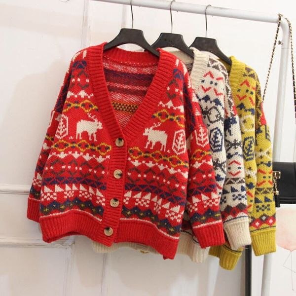 

sweaters autumn womens christmas theme cashmere knitted cardigan sweaters deer long sleeved winter thickening loose knit outerwear, White;black