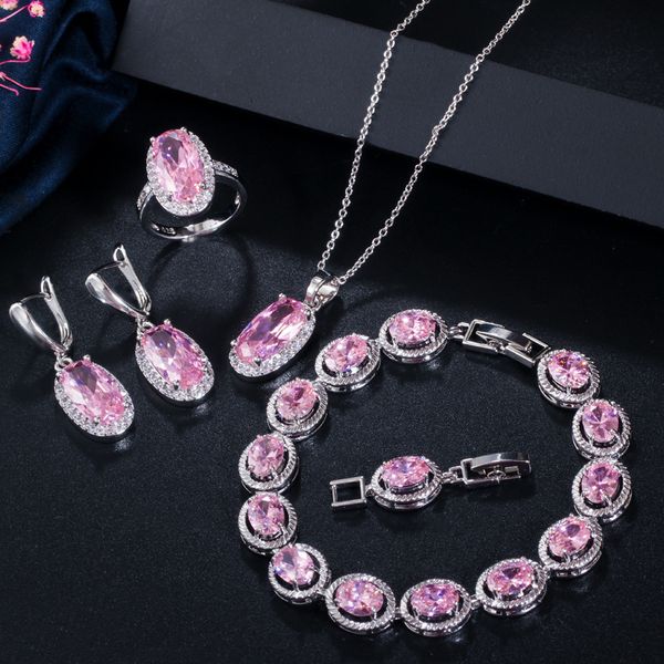 

ki0097 pink necklace earring ring bracelet four piece jewelry set, Silver