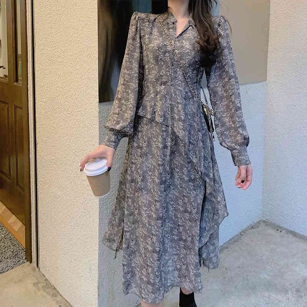 

women chiffon dress vintage spring autumn fashion female long sleeve printed floral ruffles casual dresses a-line vestidos 210423, Black;gray