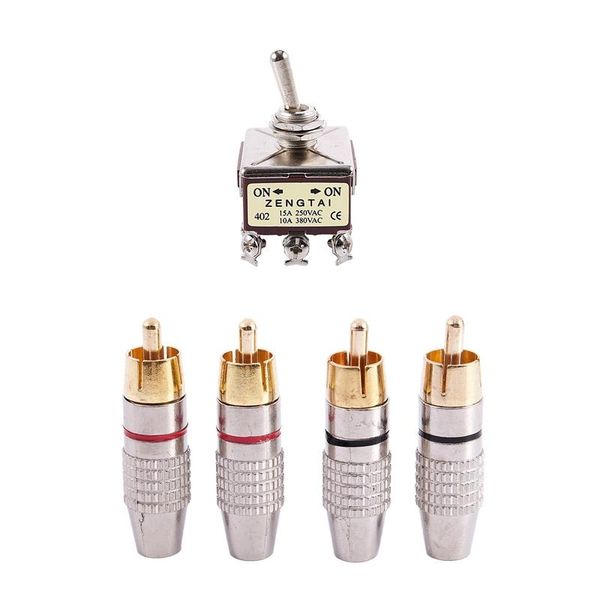 

smart home control 4 x rca male plug non solder audio video locking adapter connector & 1x screw terminals on/on 4pdt toggle switch