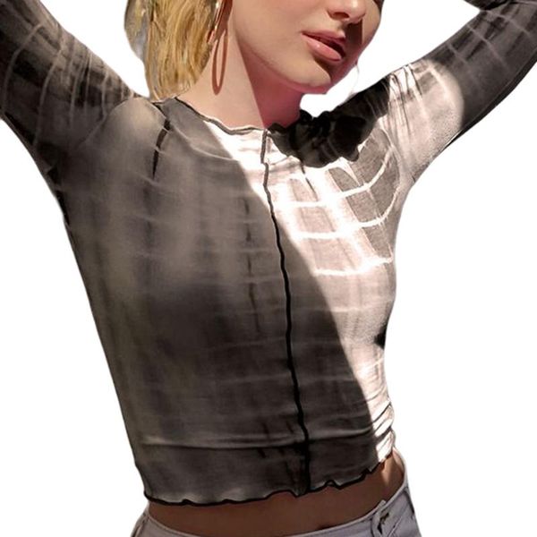 

women's t-shirt women\u2021s fashion long-sleeved personality tie-dye slim fit round neck exposed navel 2021, White