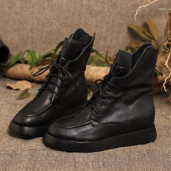 

boots winter leather ankle women 2021 black mid-tube thick-soled lace-up fashion casual warm non-slip work11