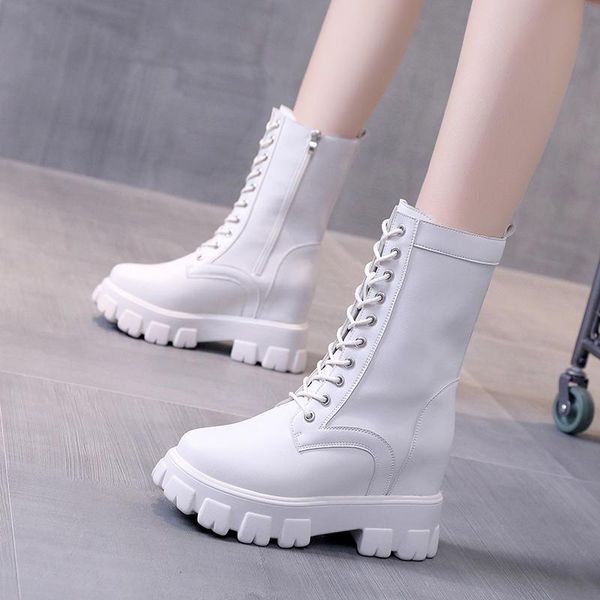 

boots 2021 winter keep warm slope heel women's fashion side zipper round toe mid-calf casual motorcycle, Black
