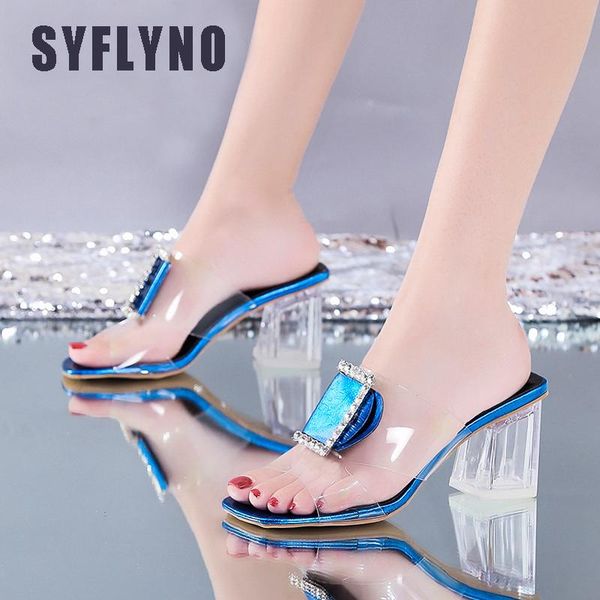 

clear high heels sandals women summer shoes mules metal buckle slides peep toe transparent female square dress, Black