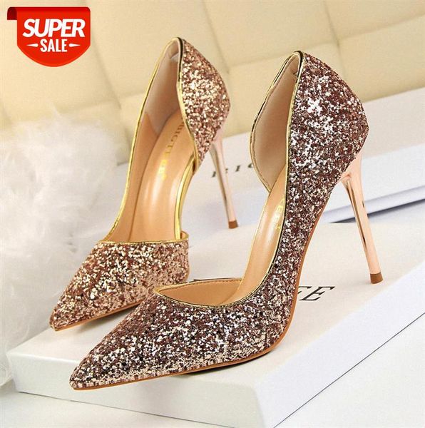

868-8 european and american style nightclub slim women's shoes stiletto high heels shallow mouth pointed toe side hollow sequin s #pr9i