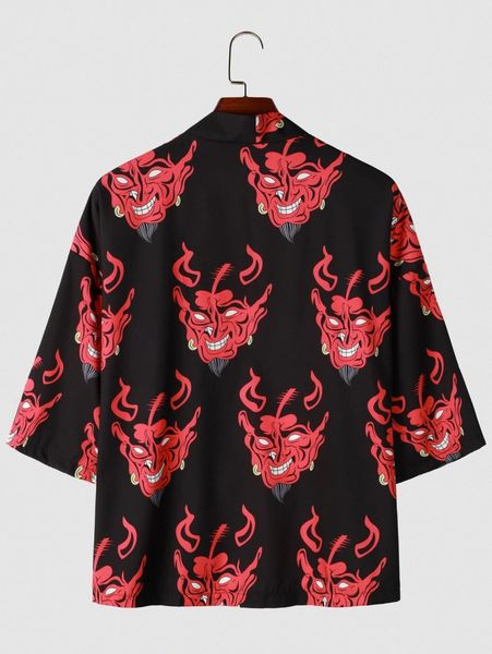 

men demon print open front kimono h2ai#, White;black