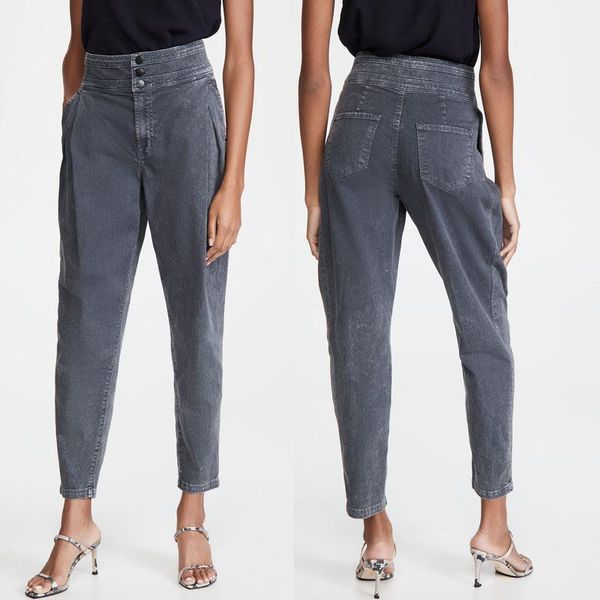 

autumn winter fashion versatile easy show thin old washing pleated tailoring leg repair three button high waist jeans women's, Blue