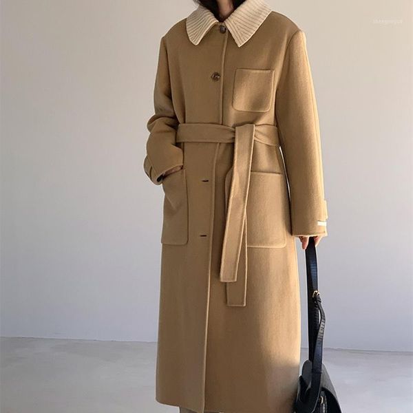 

women's wool & blends autumn winter women thicken loose woolen blend coats casual full sleeve lace-up oversized female outwear 2021, Black
