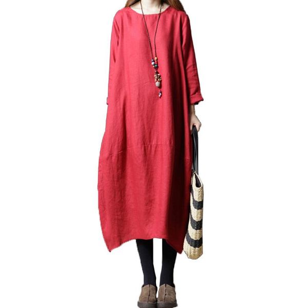 

maternity dresses women dress pregnant autumn vintage loose long sleeve pockets vestidos casual o neck cotton linen, White