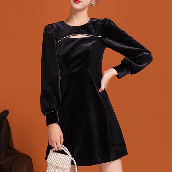 

casual dresses autumn 2021 retro women dress solid color round neck hollow out puff sleeve fashion high street long ladies, Black;gray