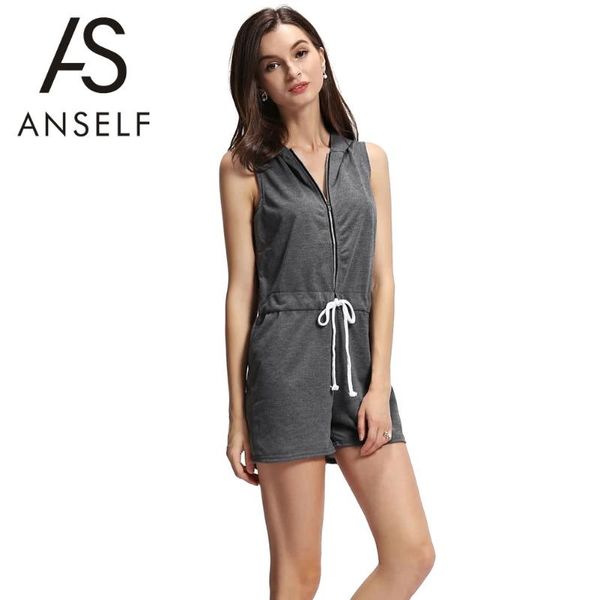 

women's jumpsuits & rompers fashion women hooded jumpsuit front zipper drawstring waist sleeveless playsuit grey, Black;white